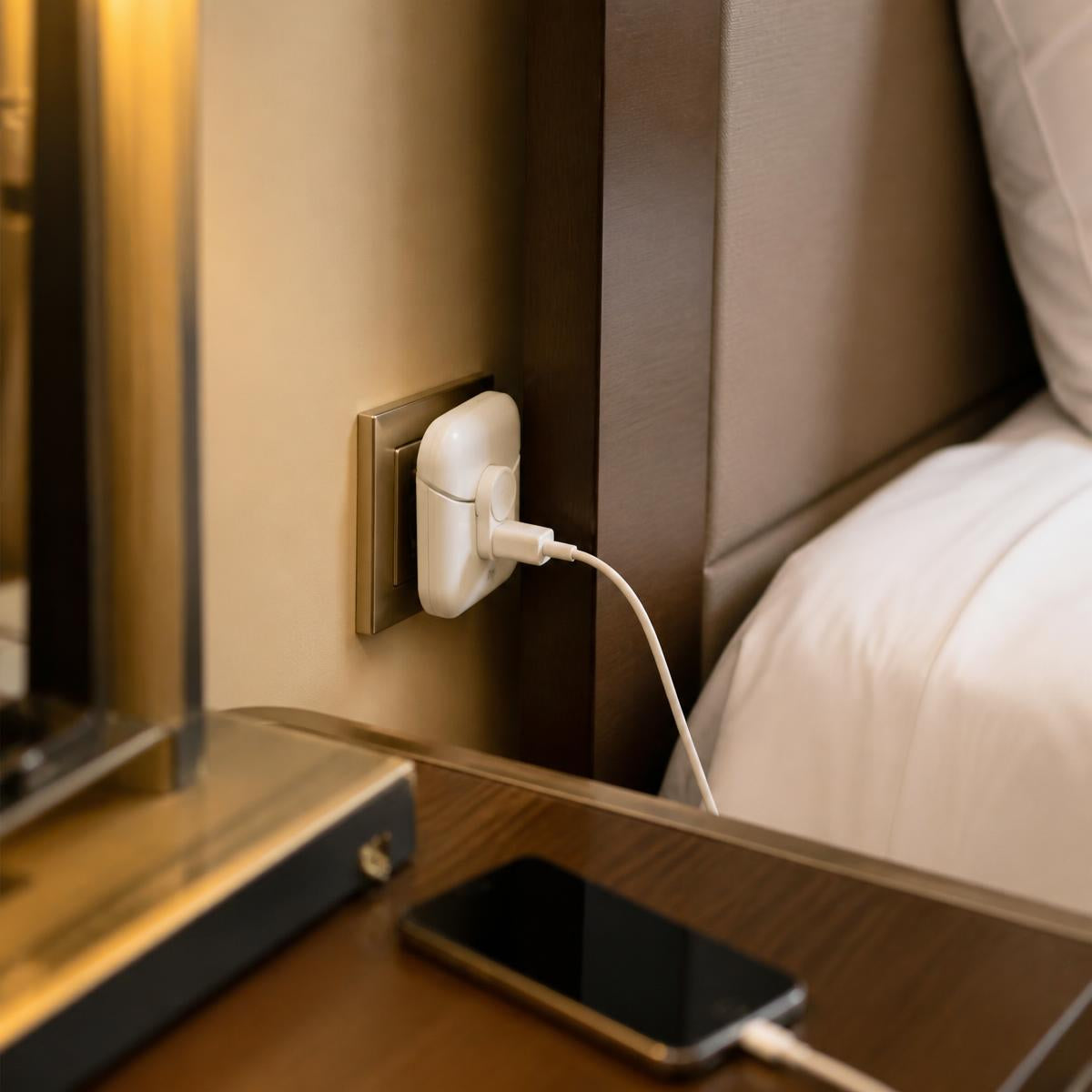 WeAdaptateur180 branché derrière un lit d'hôtel